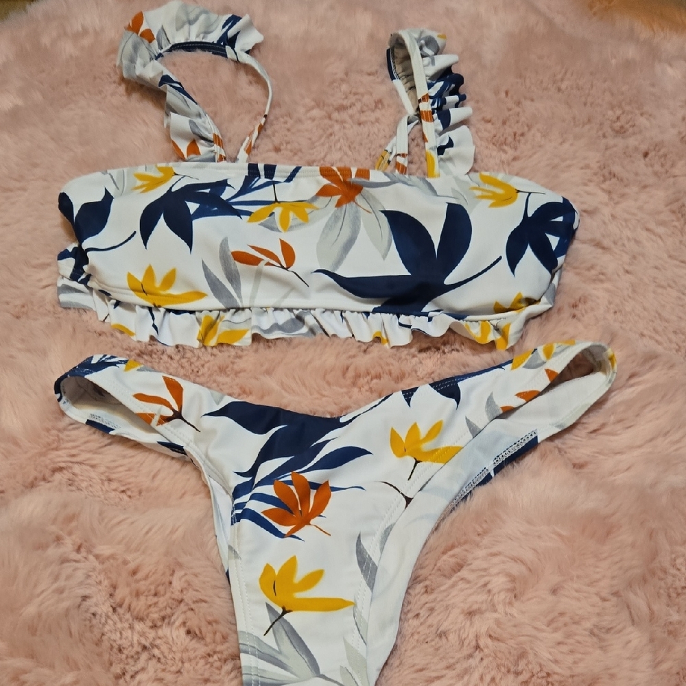 SHEIN Floral Print Bikini - White, Blue, Yellow